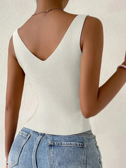 New Summer Women Drawstring Front Ribbed Knit Tops Femme Sexy V Neck Sleeveless Crop Top Clothes High Stretch Split Cropped Tank
